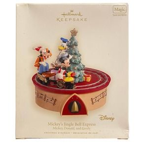 NIB Disney Hallmark MAGIC Ornament Mickey's Jingle Bell Express Donald Goofy